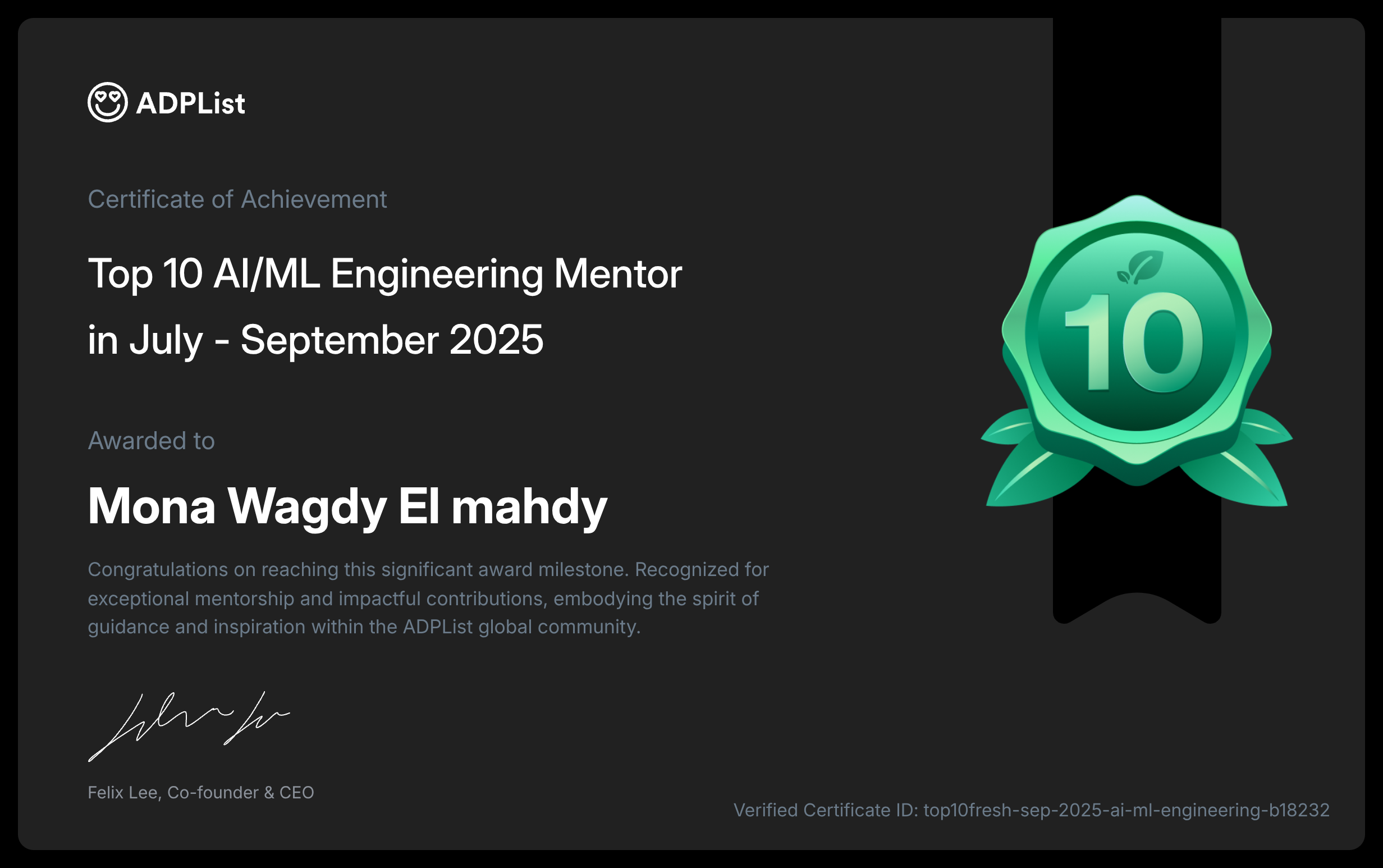 Top 10 AI/ML Engineering Mentor 2025, awarded by ADPList